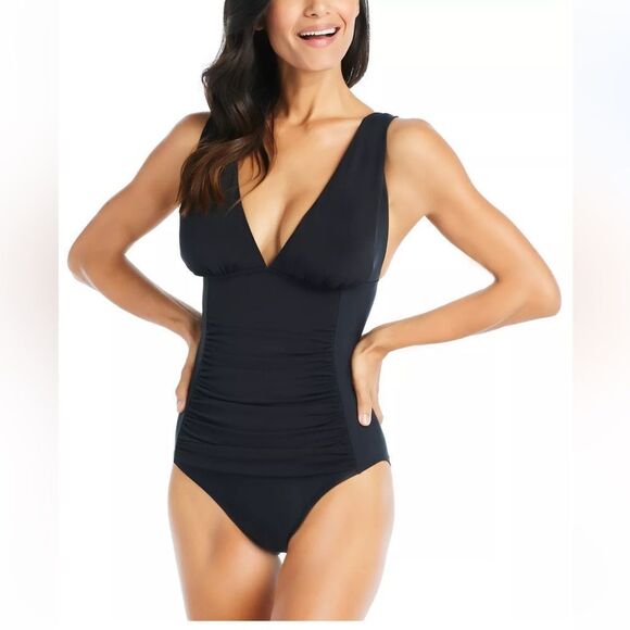 NWT BEYOND CONTROL Women's Solid Plunge plus size V-Neck One-Piece Swimsuit - Picture 1 of 7